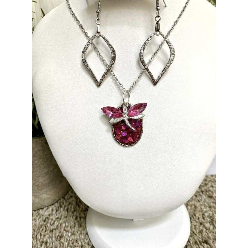 Pink Glitter Resin Dragonfly Irregular Stone Shaped Pendant Jewelry Set